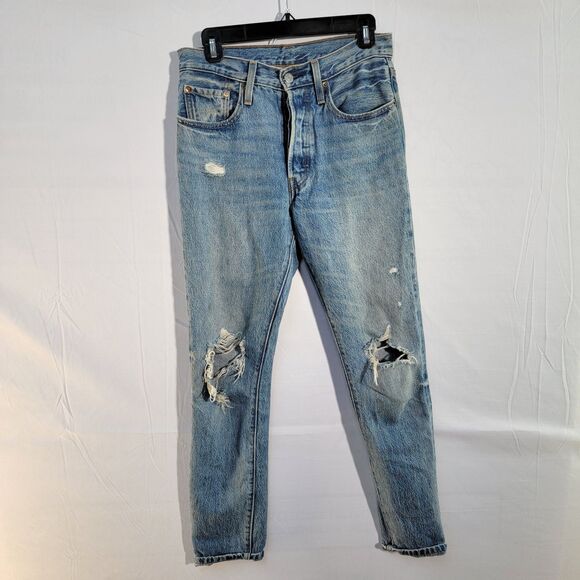 Levi Strauss & Co. 501s Wash Blue Distressed Jeans Front & Back Pockets Size S - Picture 2 of 11